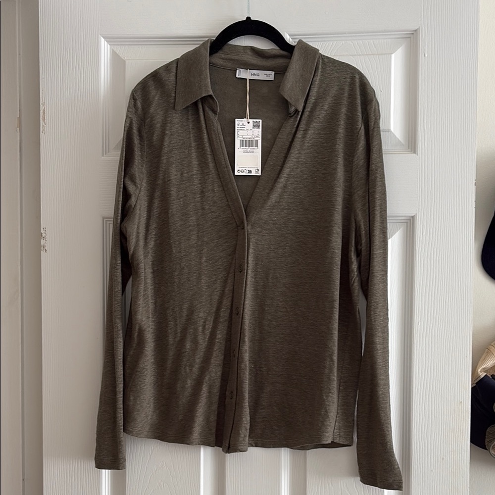 Mango Brown Button Down Shirt Notched Collar